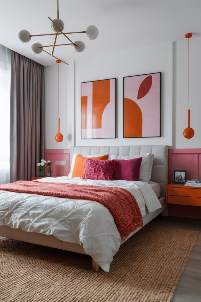 modern bedroom with combination with primary white color, orange and pink accents