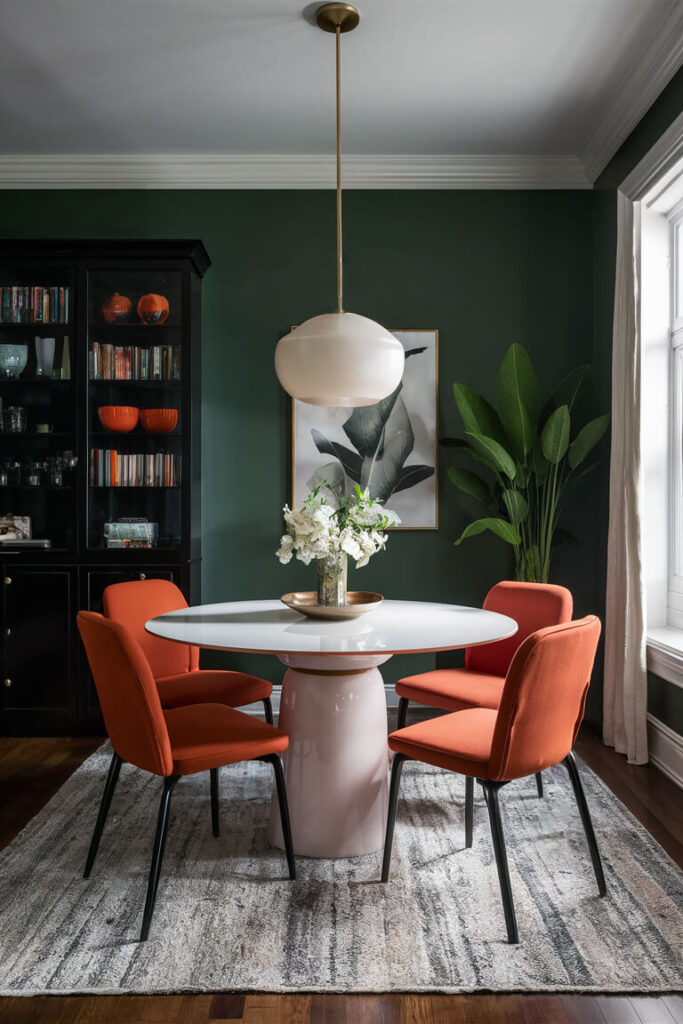 contemporary dining room with green walls that go well together with orange chairs