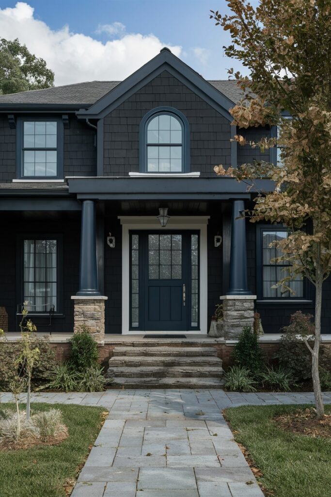 contemporary house exterior in black color that goes together with navy blue