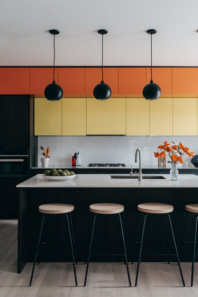 contemporary kitchen with where orange, black, and pale yellow go together