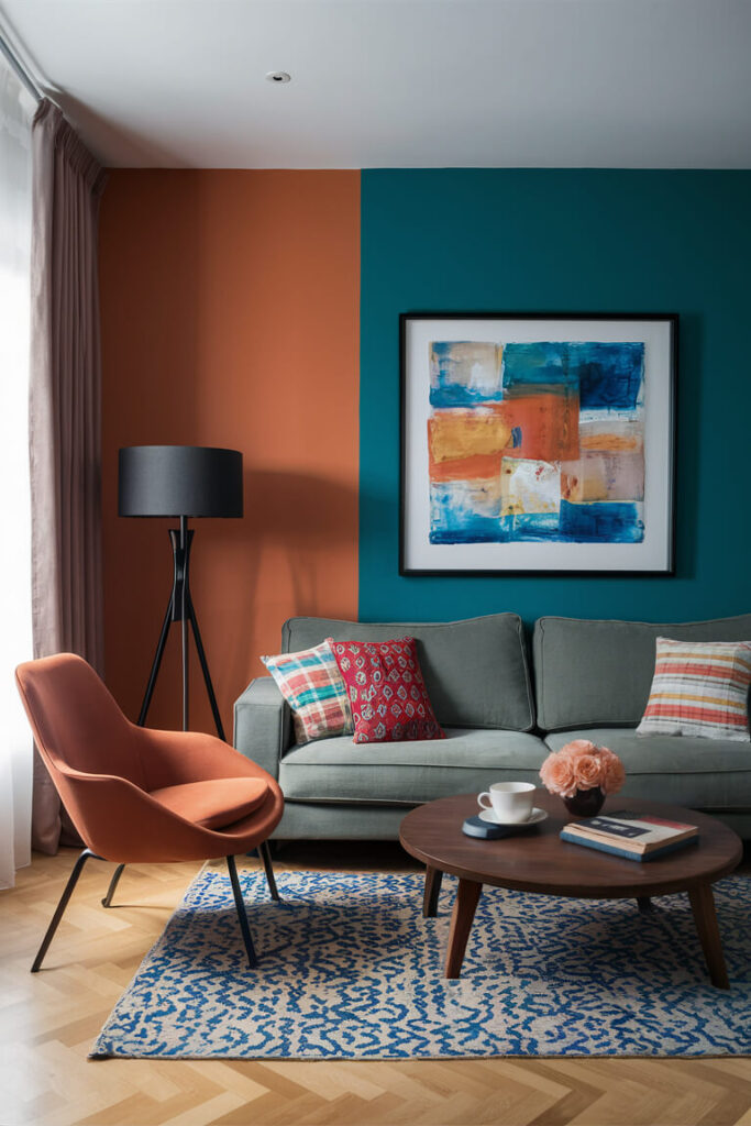 modern living room with combination of orange and indigo colors