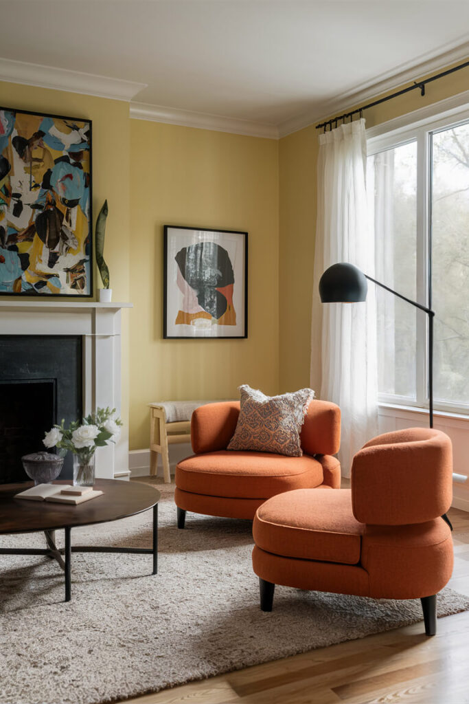 contemporary living room with combination of yellow walls and orange furniture