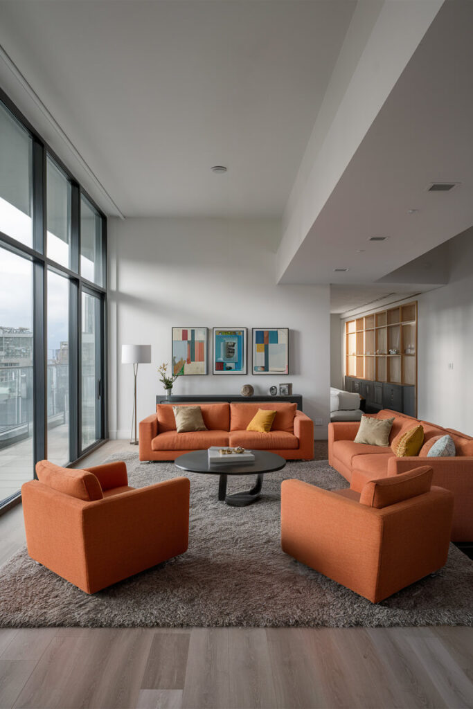 contemporary open space living room with combination of white walls and orange furniture