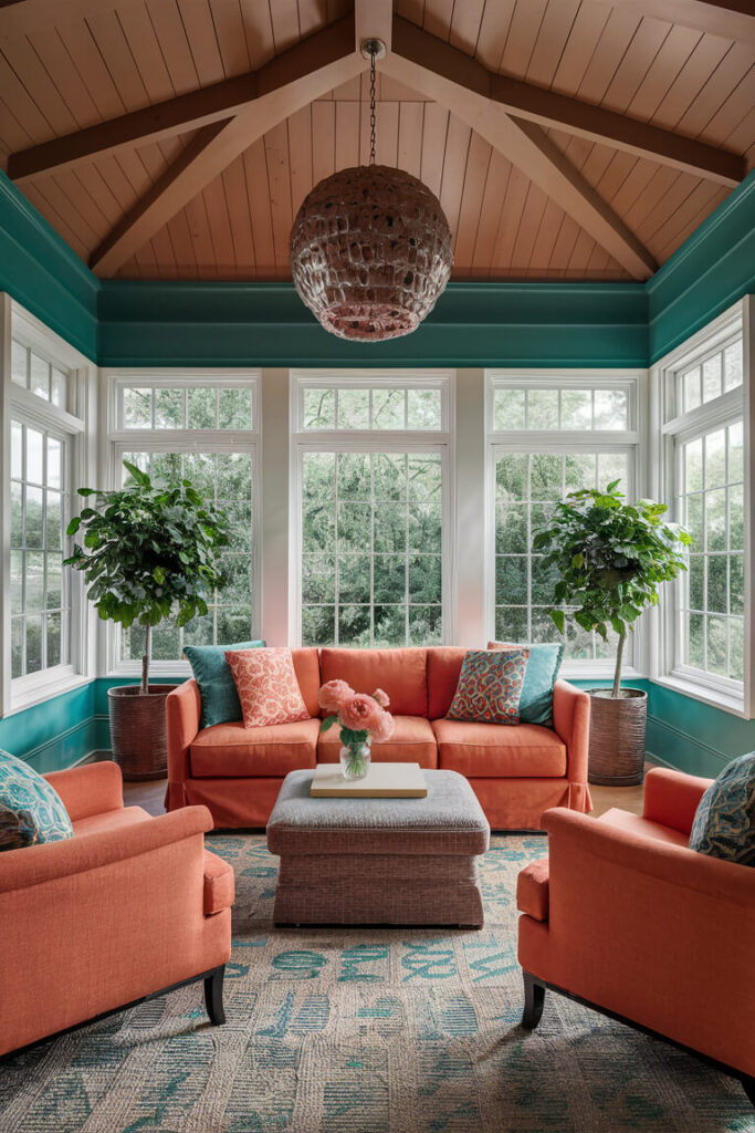 modern sunroom with orange color furniture that goes with teal walls