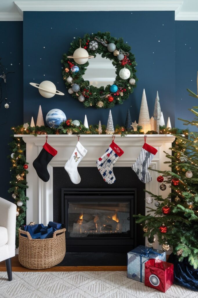 cosmic inspired Christmas mantel decorations planets