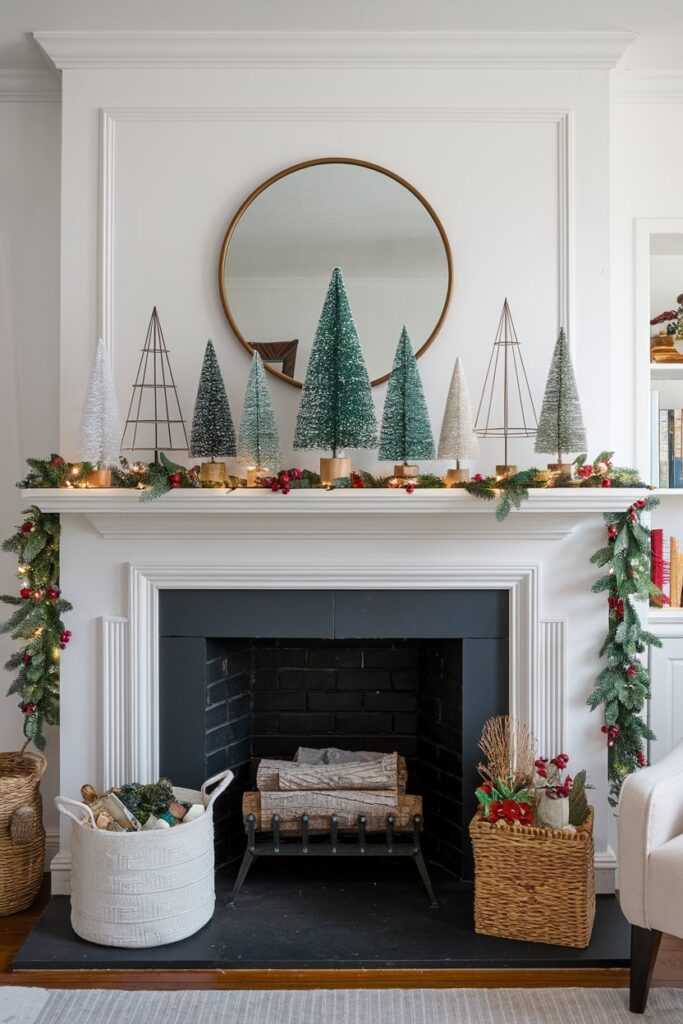 curated collection of tabletop Christmas trees in various forms on the mantel