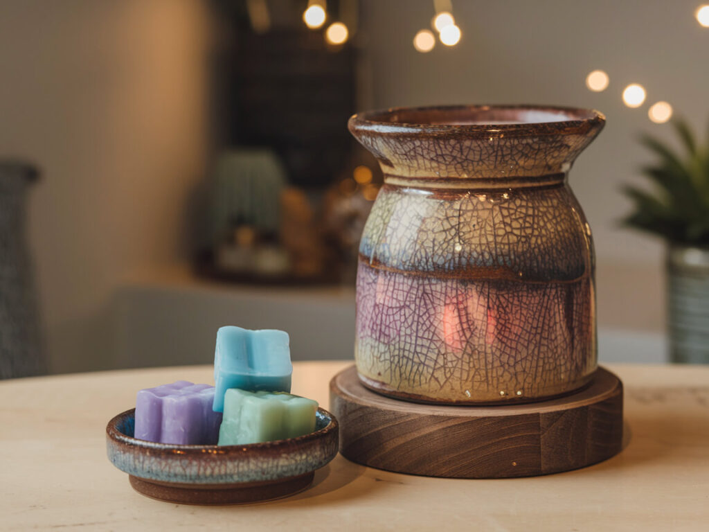 dark ceramic wax melt warmer with a few wax melt cubes