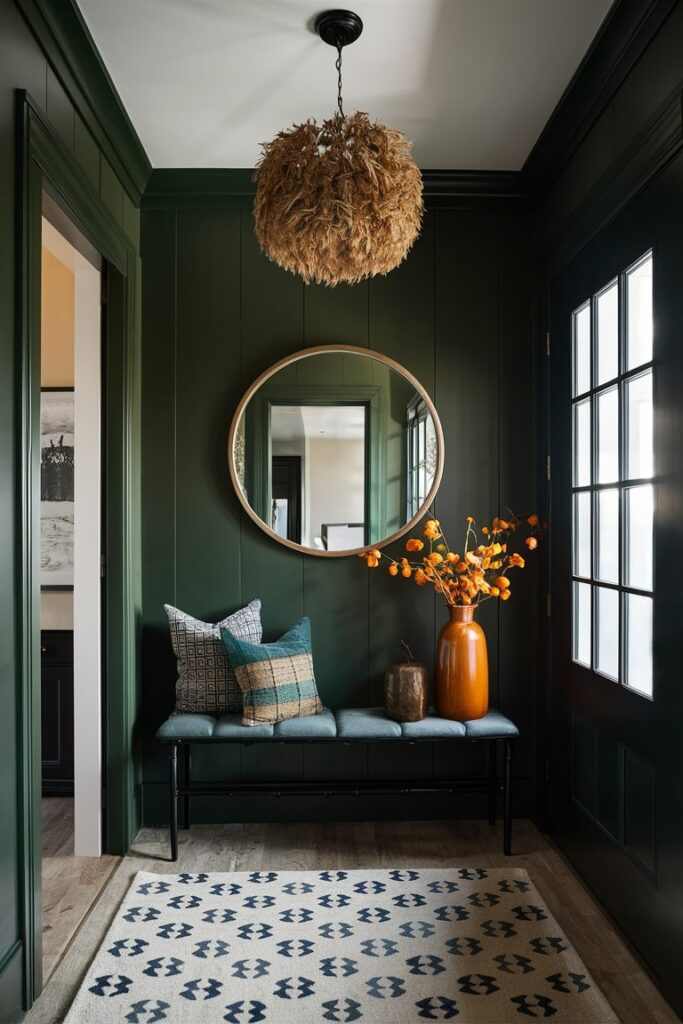 dark green entryway interior with burnt sienna color decorative vase