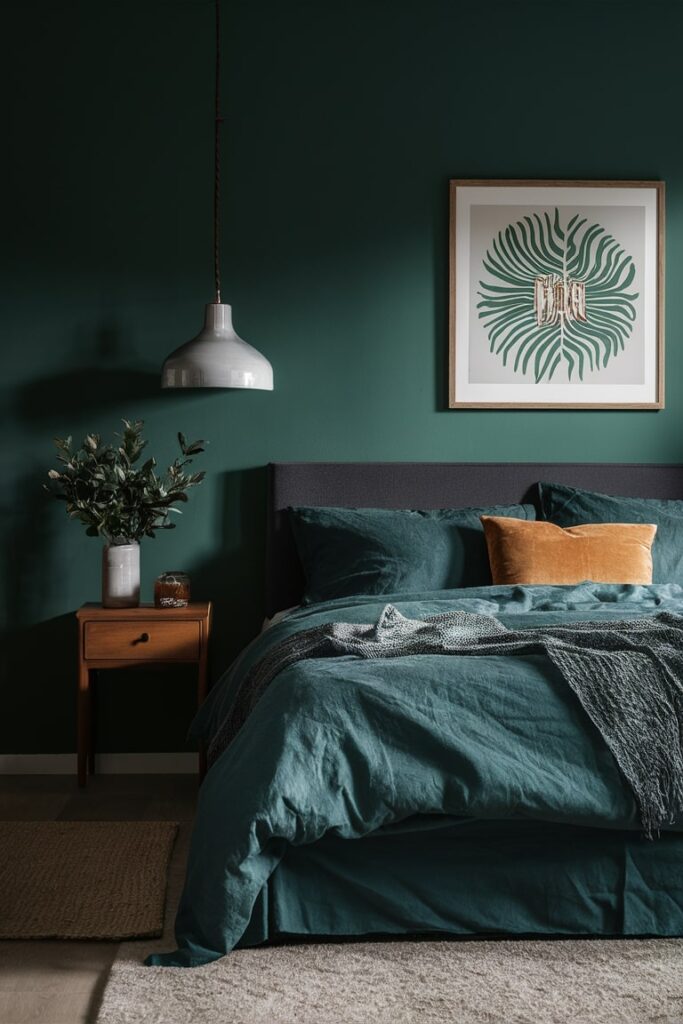 dark green and gray bedroom, gray decor pendant lamp, gray vase