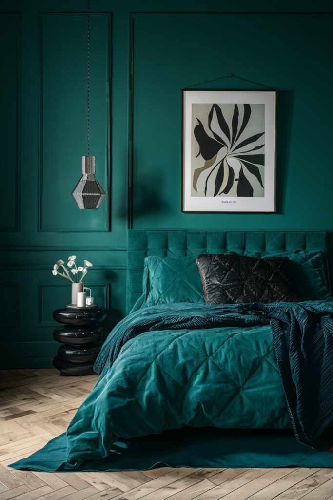 dark green art deco bedroom with black color accents, bedside table, pillows, wall art