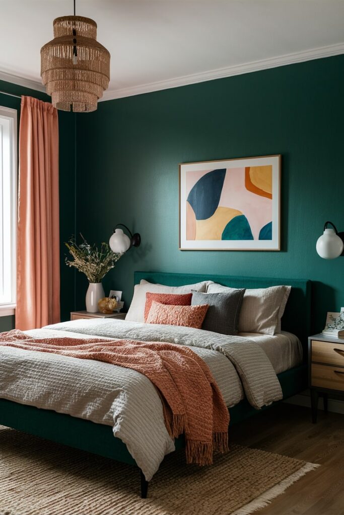dark green bedroom with peach accents curtains, blanket, pillows