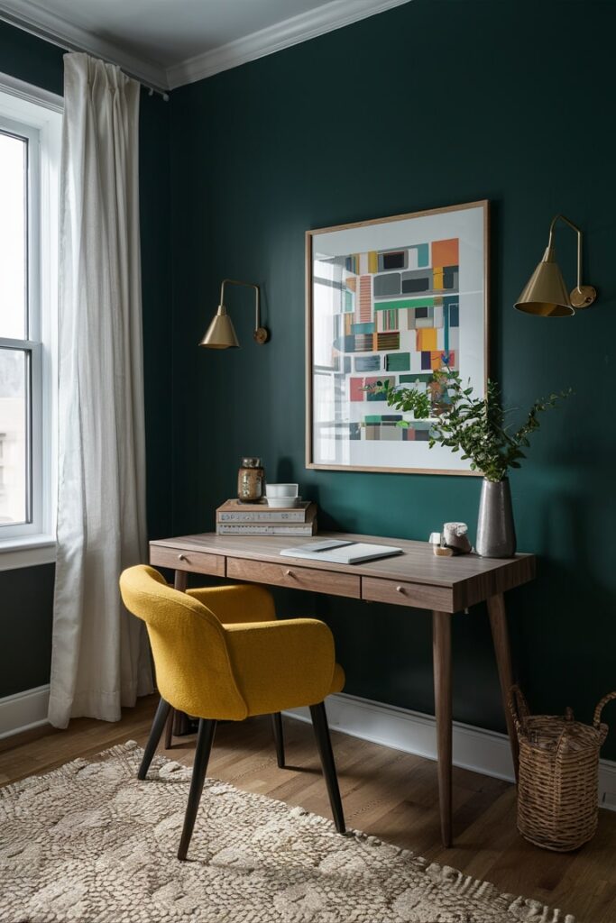 dark green home office room with marigold yellow color chair