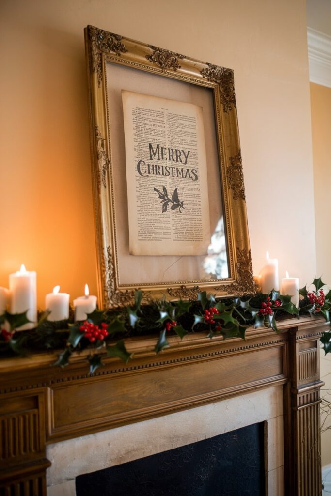 decorative piece of paper, book page, or print in frame above Christmas mantel