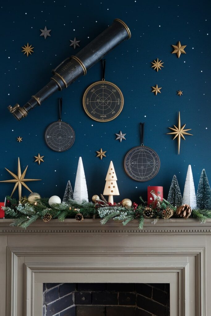 deep blue wall adorned with various astronomical decor telescope stars above Christmas mantel