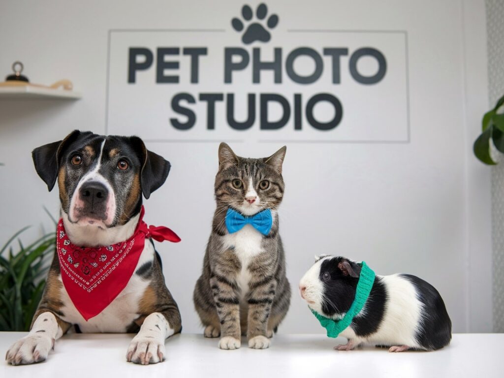 dog, cat, and guinea pig in the pet photo studio