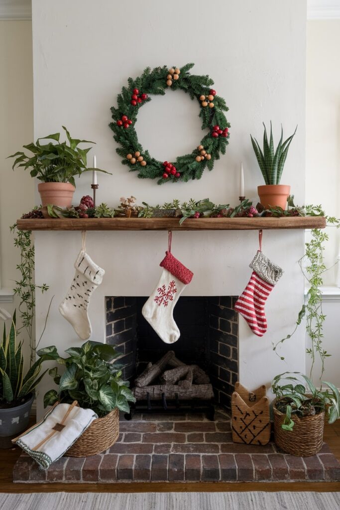 environmentally conscious mantel Christmas decor potted plants