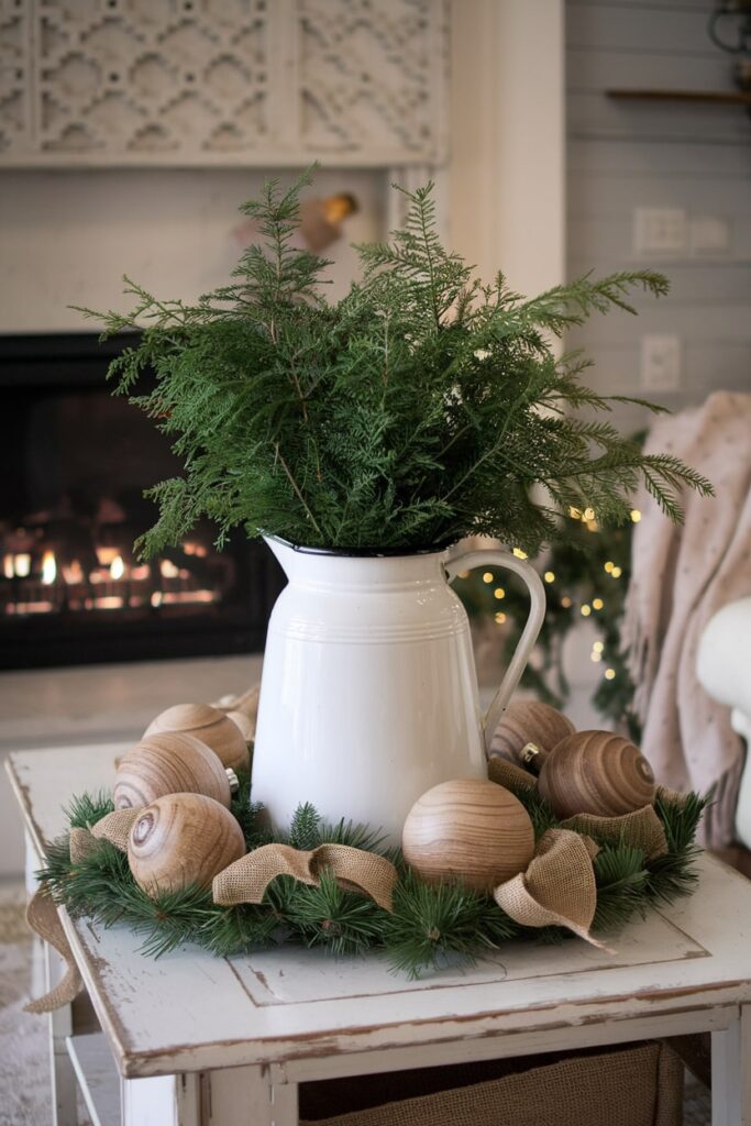 farmhouse style Christmas coffee table white enamel pitcher with evergreen branches and wooden ornaments