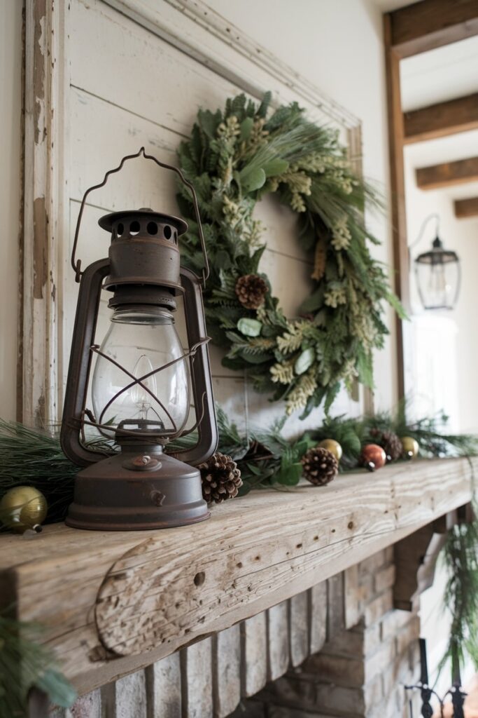 farmhouse style Christmas mantel decor rustic wood and old lantern