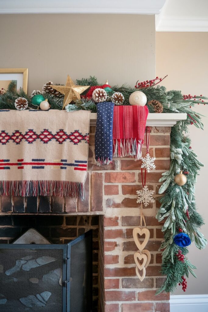 festive fireplace mantel adorned with Bohemian textiles for Christmas