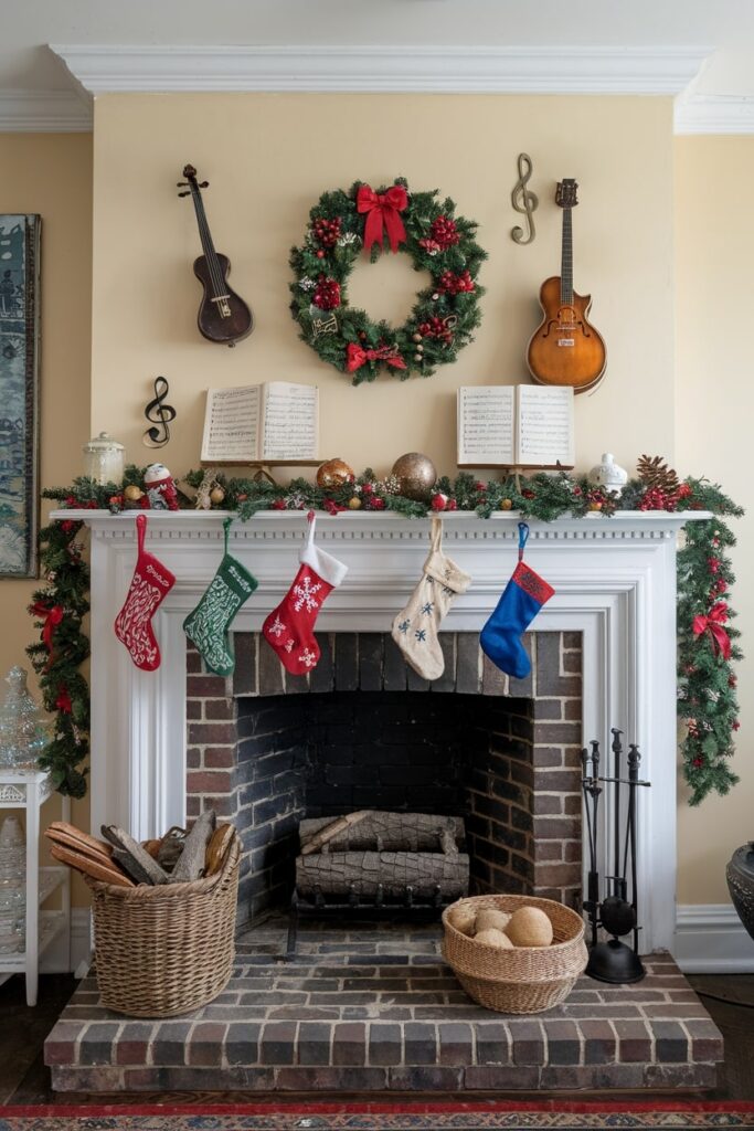 festive holiday themed interior with a violin above fireplace musical key decor