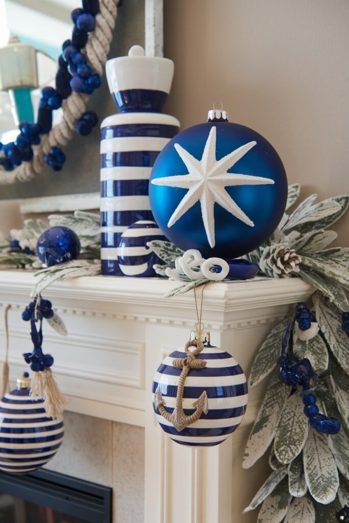 fireplace with coastal Mediterranean blue and white winter decorations for Christmas