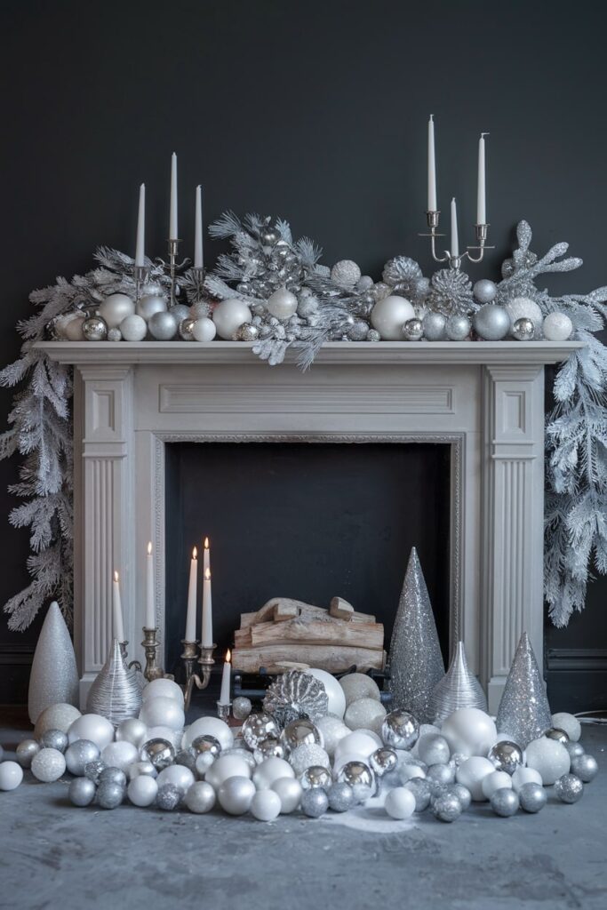 fireplace with monochromatic white and silver Christmas decorations, dark wall