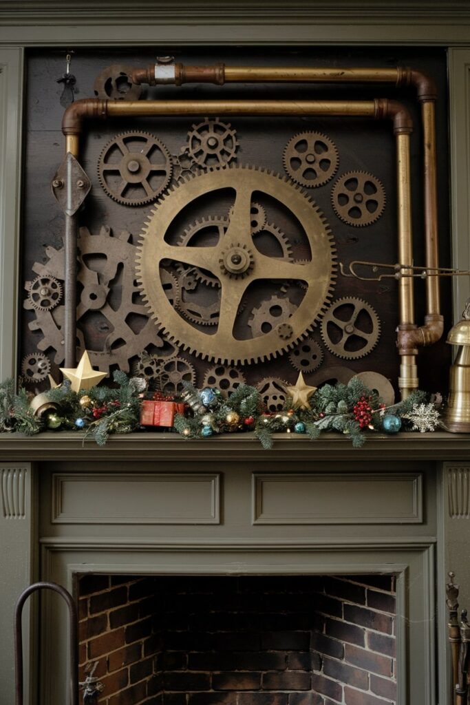 fireplace with unique steampunk holiday decor metal gears and pipes