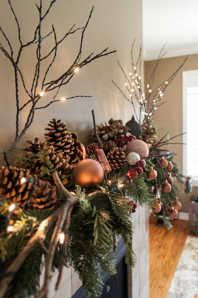 forest inspired Christmas mantel decor pinecones and branches