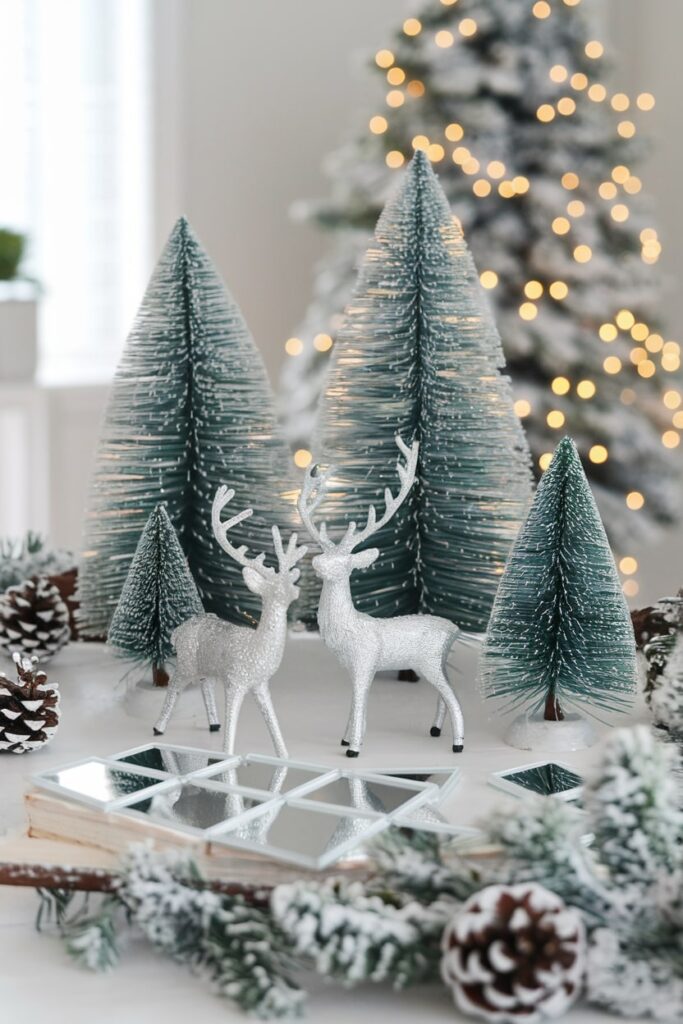 frosted forest scene decor on the Christmas coffee table bottle brush trees, silver deer figurines