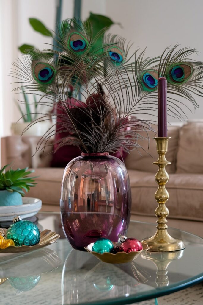 glass vase with peacock feathers Christmas ornaments coffee table in the elegantly arranged living room