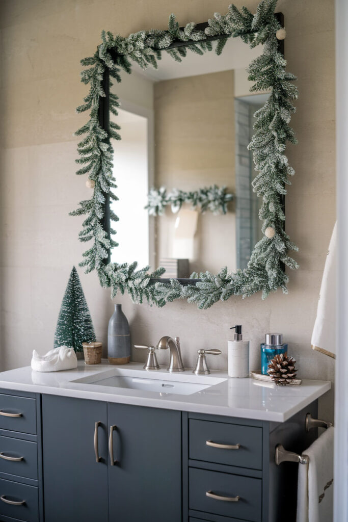 gray bathroom vanity with a rectangular mirror framed with small faux pine garlands