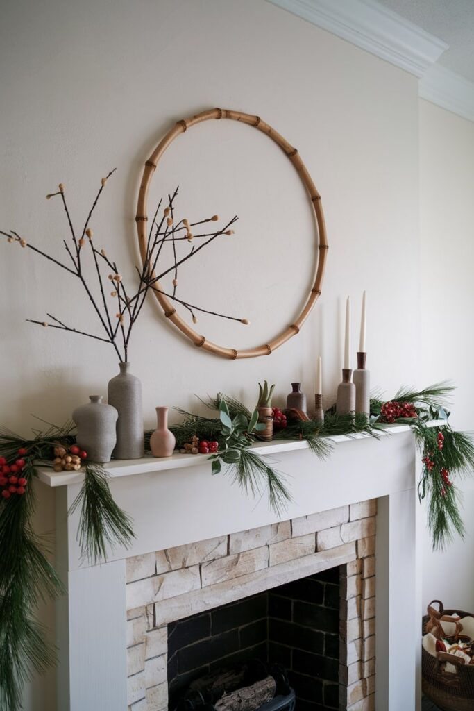 Japanese design inspired Christmas mantel decor bamboo and ceramic vases