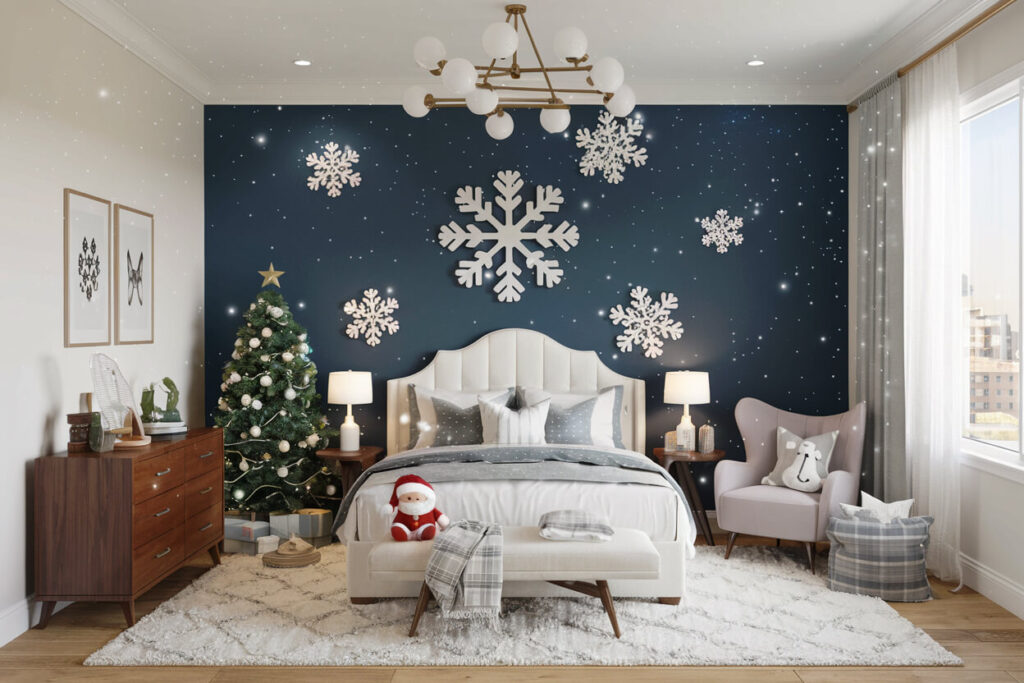 kid's bedroom decorated for the holiday season with snowflakes and Christmas tree