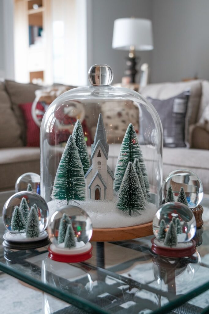 large glass cloche Christmas coffee table decor snow globes, tiny bottle brush trees