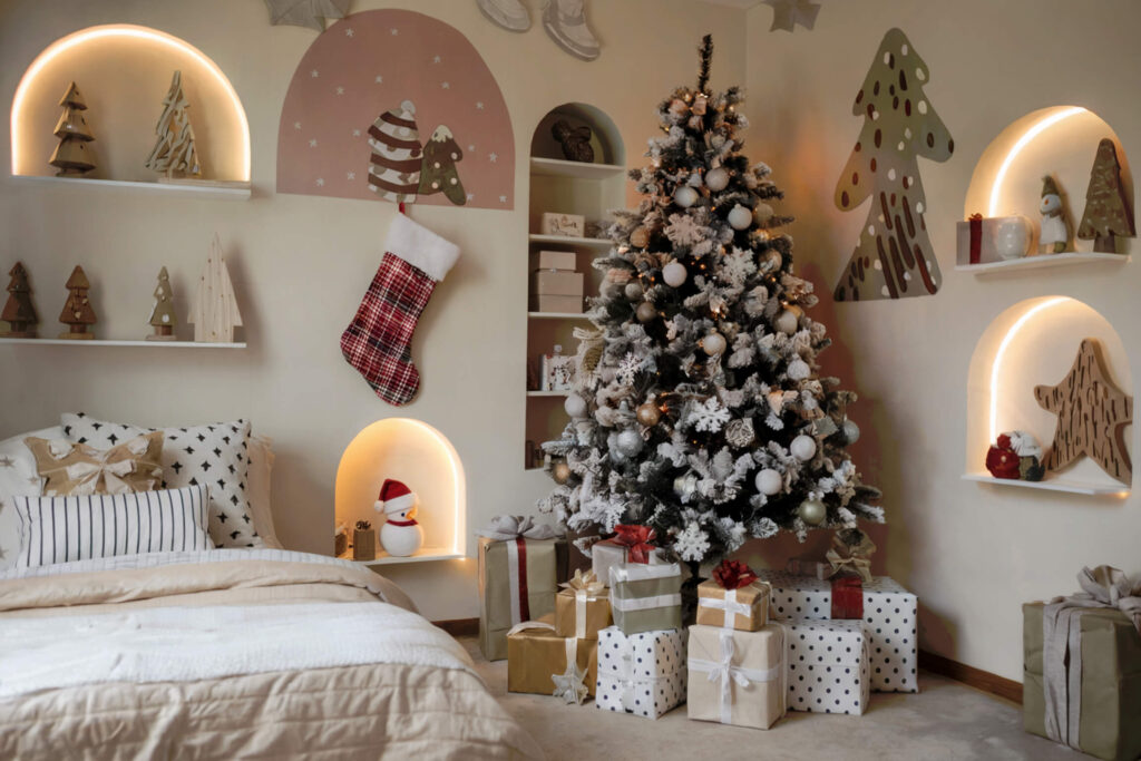 light kid's bedroom decorated for Christmas with Christmas trees, diys, stockings, gifts