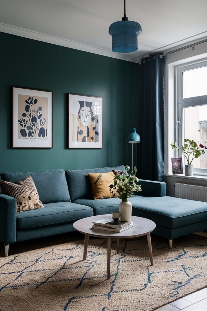 living room in combination of dark green walls and navy blue curtains, couch