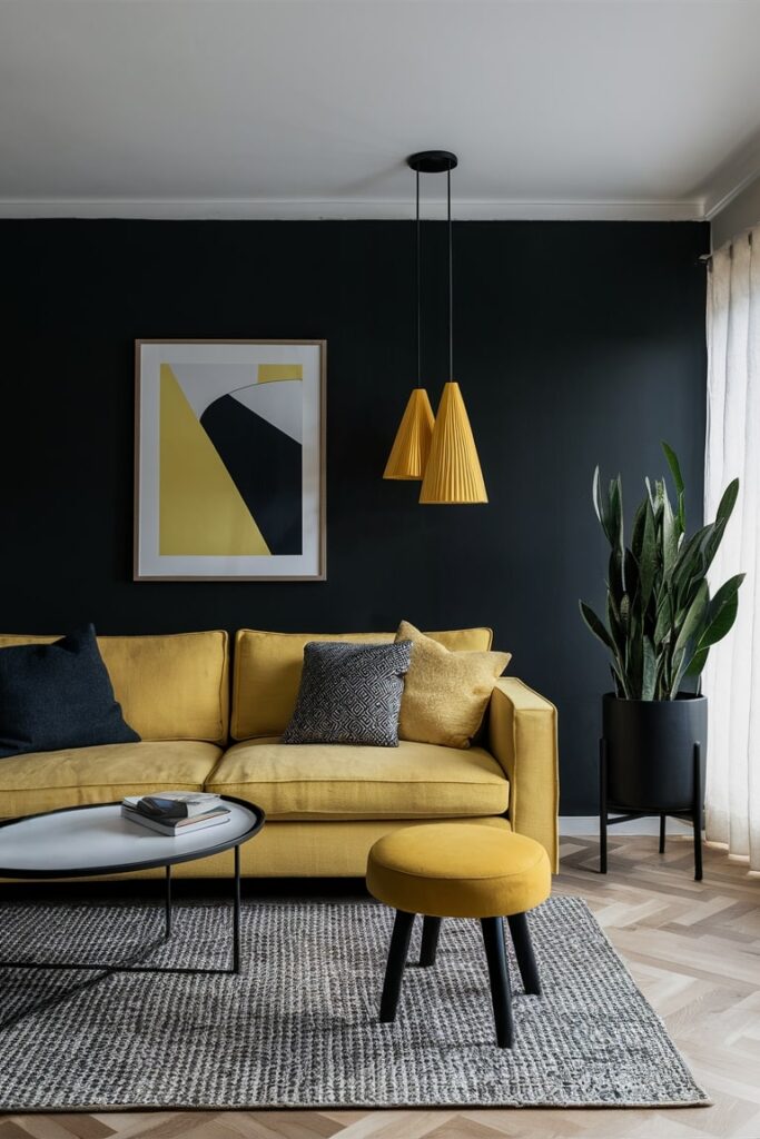 living room with black wall color and yellow couch, yellow decor