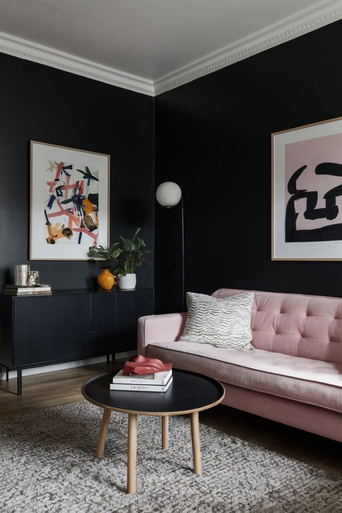 living room with black walls and pink couch, black sideboard and coffee table