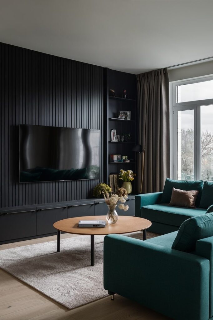 living room with combination of black wall planks and green color couch