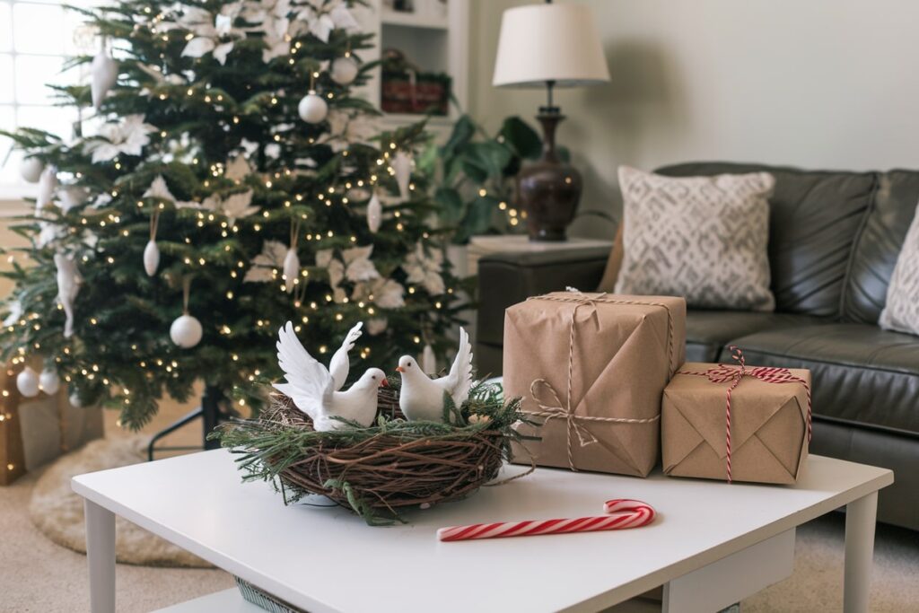 living room with a decorated Christmas coffee table nest with white doves gift boxes candy cane