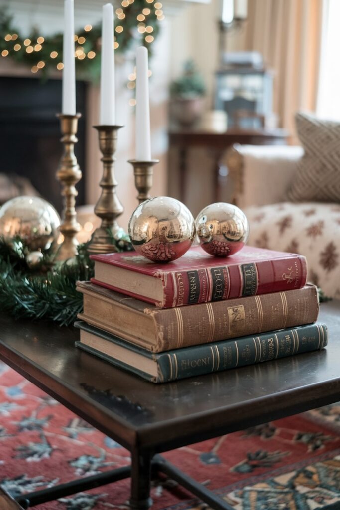 living room with vintage books on the Christmas coffee table mercury glass ornaments