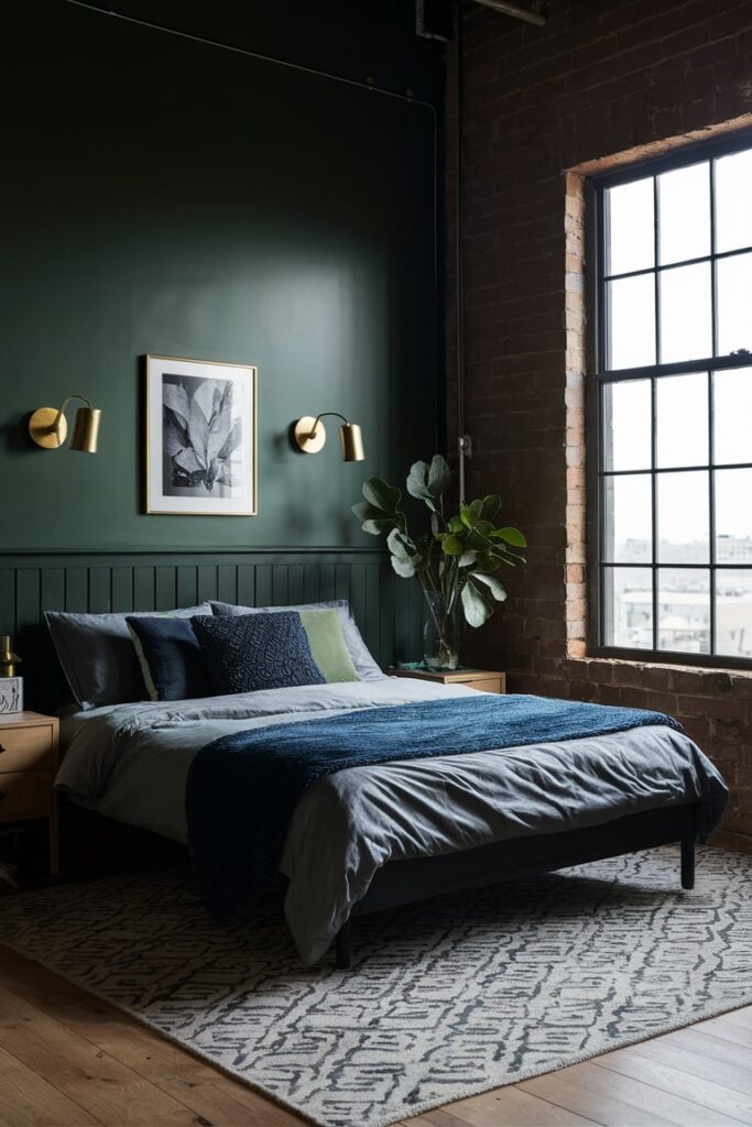 loft style bedroom with dark green walls and gold sconces