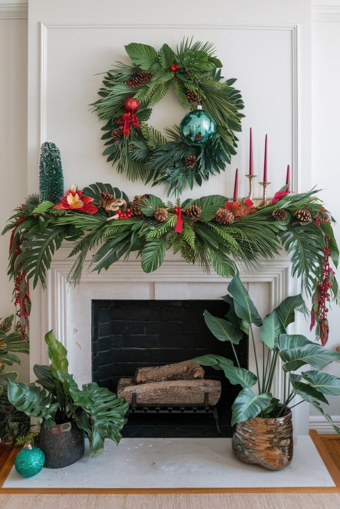 lush green elements tropical palm leaves Christmas mantel decor