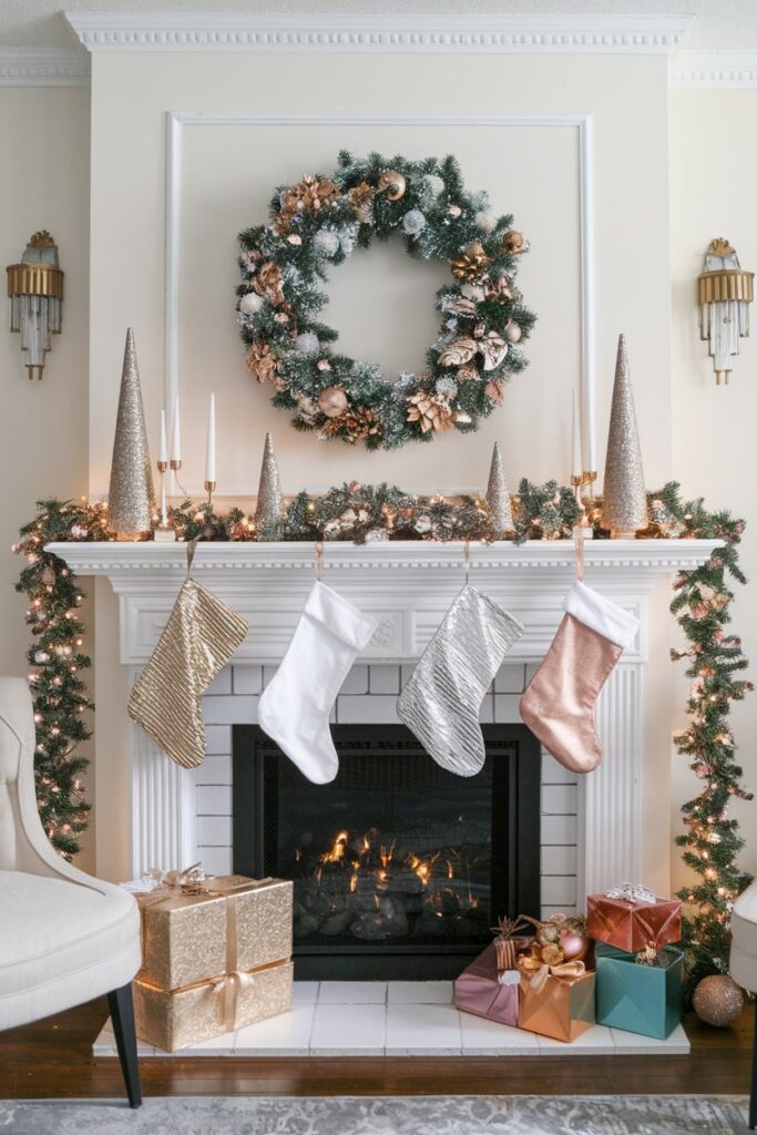 luxurious metallic Christmas mantel decorations rose gold and silver