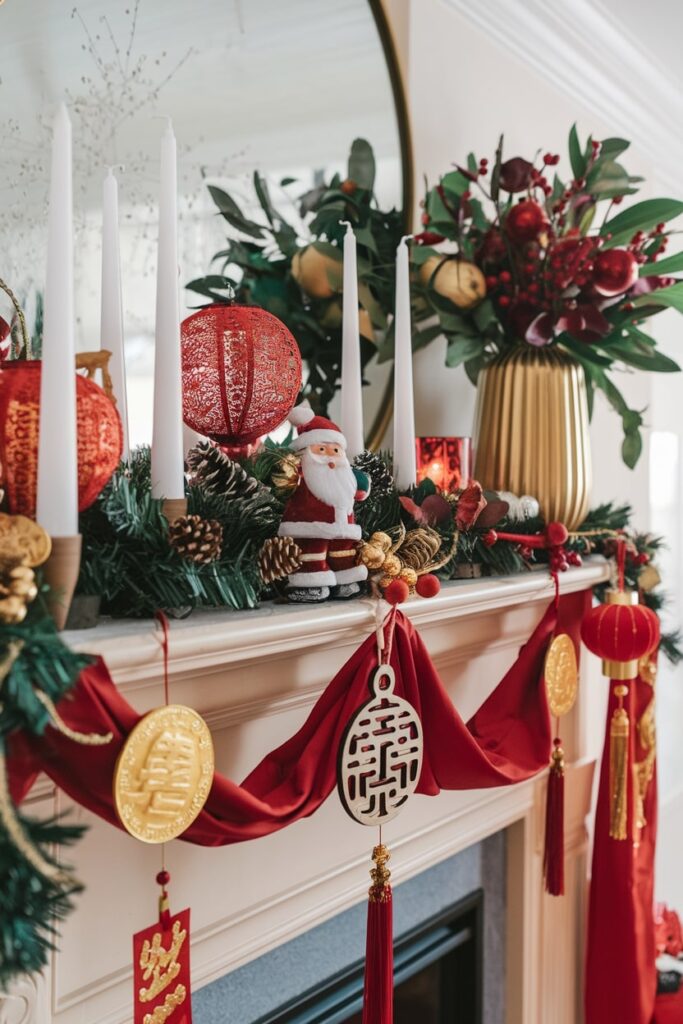 mantel decorated for Christmas and Chinese New Year, red and gold decor