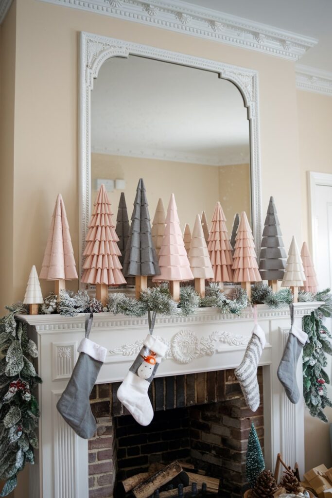 mantel decorated with paper DIY Christmas trees of neutral color