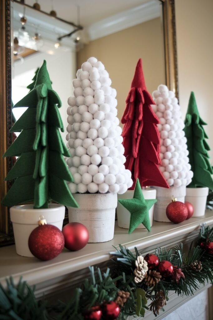 mantel decorated with soft DIY Christmas trees of green and red color, mini Christmas trees of fake snowballs