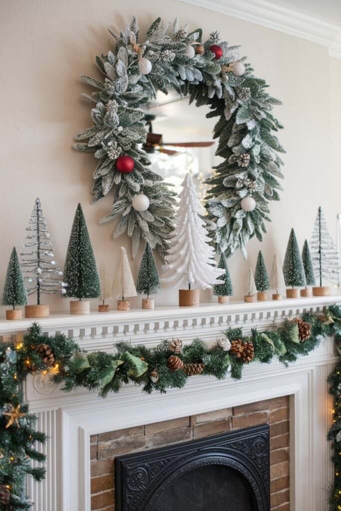 miniature Christmas trees mantel display in various designs