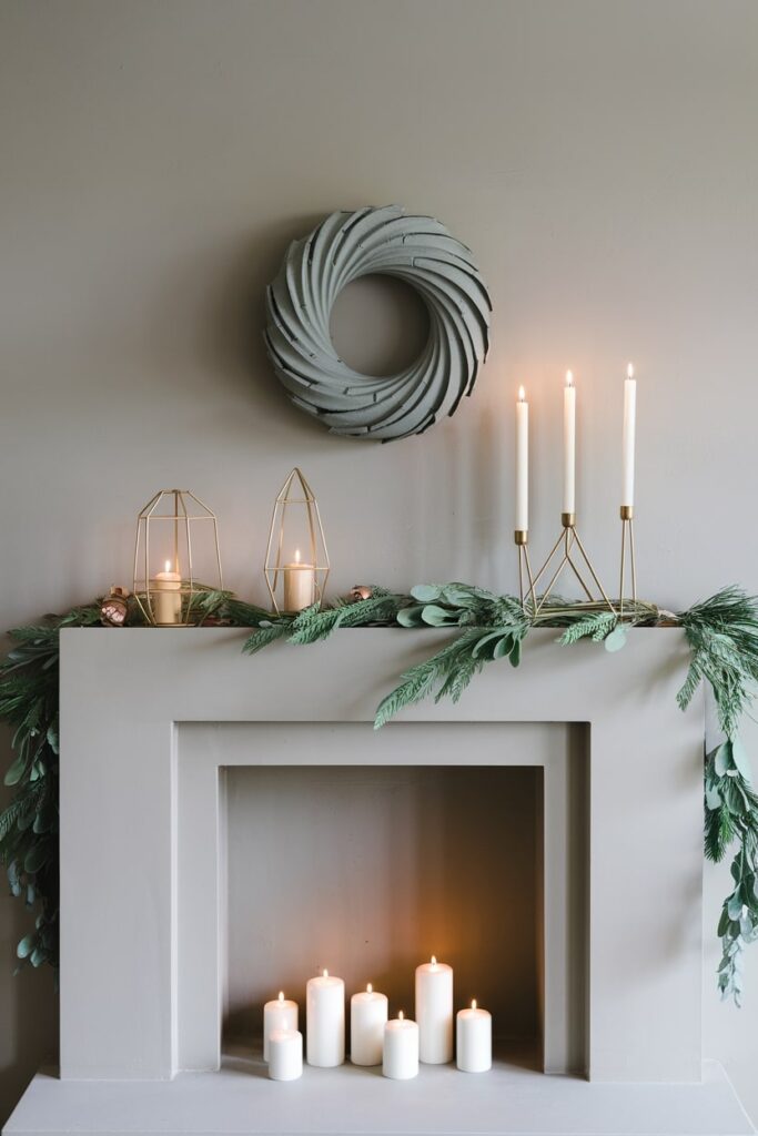 minimalist and elegant interior setting for Christmas fireplace sculptural wreath, faux garland, candles