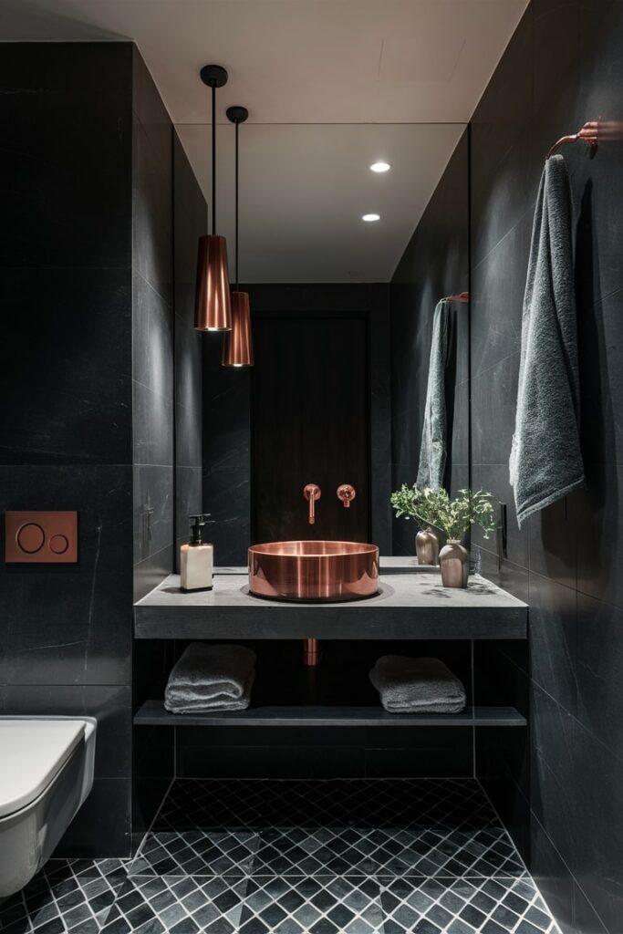 minimalist bathroom with dominant black color and copper fixtures, sink, pendant lamp